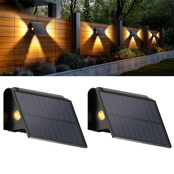 Zewnętrzna solarna lampa ścienna, ciepłe białe światło 3500 K, reflektor ogrodowy, oświetlenie z trzech stron, 2 sztuki