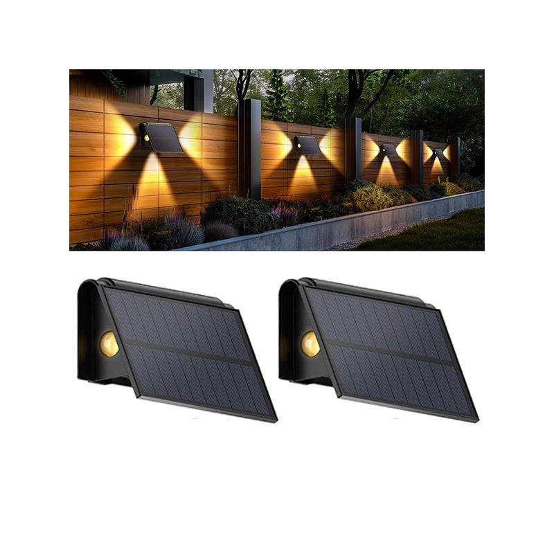 Zewnętrzna solarna lampa ścienna, ciepłe białe światło 3500 K, reflektor ogrodowy, oświetlenie z trzech stron, 2 sztuki