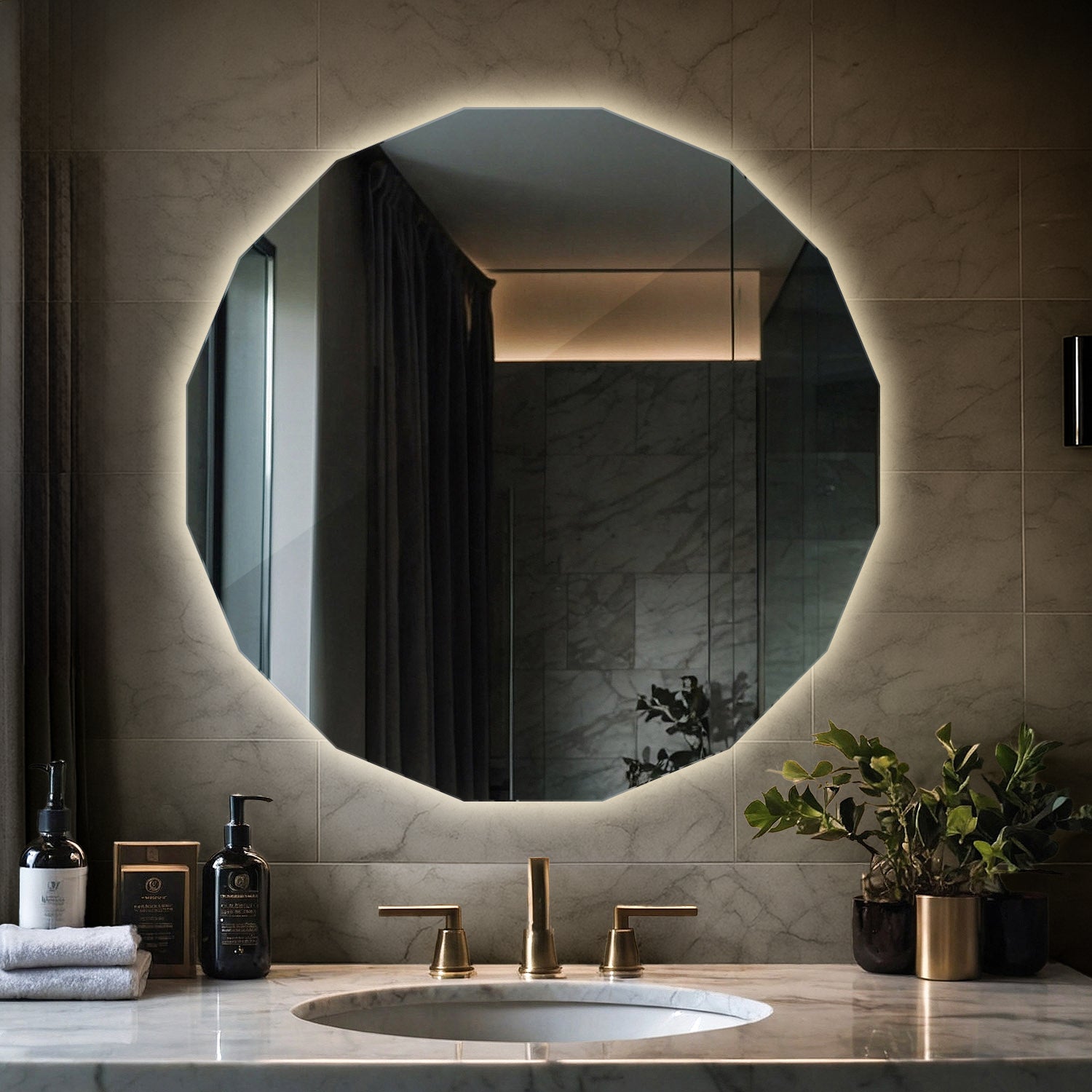 Miroir LED mural avec éclairage chaud décoratif et fonctionnel 80x80 cm ArtPrintCave - 7