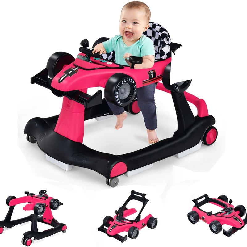 Chodzik dla Niemowląt, 4 w 1 z 3 Regulowanymi Wysokościami, Składany z Muzyką i Światłem, dla Dzieci w Wieku 6-18 Miesięcy (Różowy)