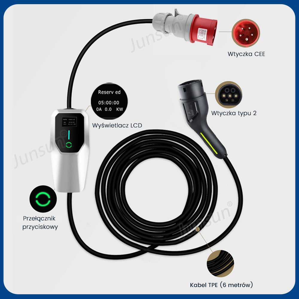 Przenośna Ładowarka EV JUNSUN 11kW | Typ 2 | Kabel 6m | IP67 | Regulacja 6-16A - 6
