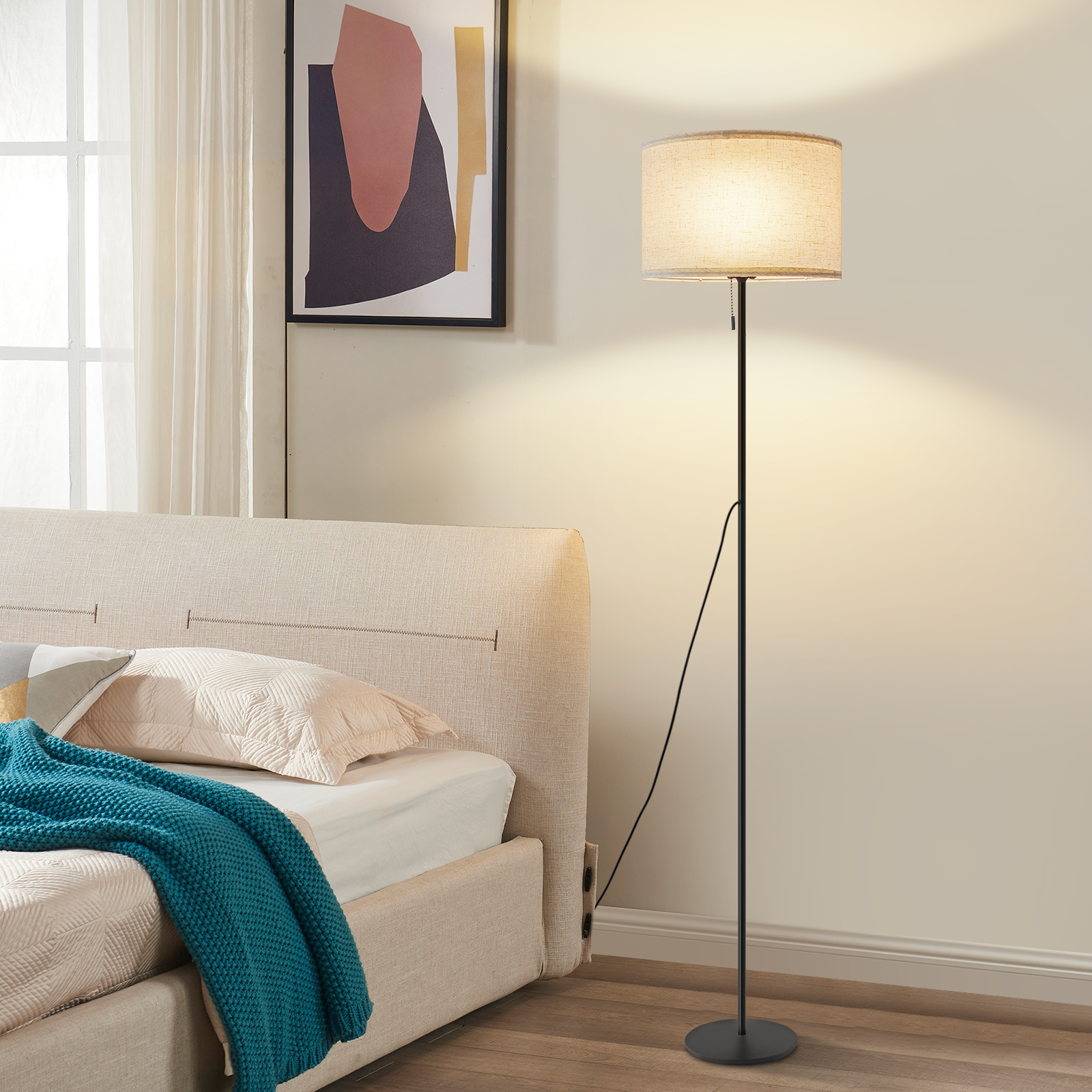 NETTLIFE Lampadaire LED à Intensité Variable Rétro Abat-jour En Tissu Pour Salon Avec Interrupteur à Tirette - 4