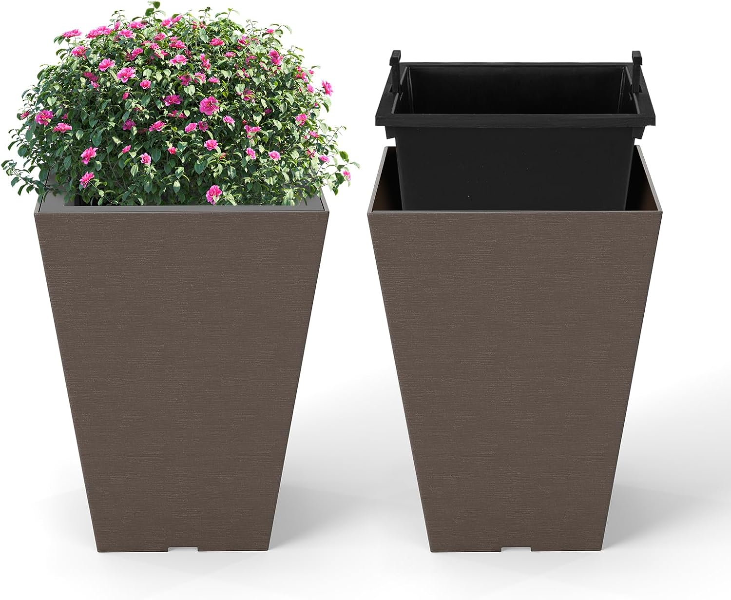 2 Sztuki Kwadratowych Doniczek Zewnętrznych, Wewnętrzne z Automatycznym Nawadnianiem, Otworami Drenażowymi i Wyjmowanym Wkładem (25 x 25 x 35 cm)
