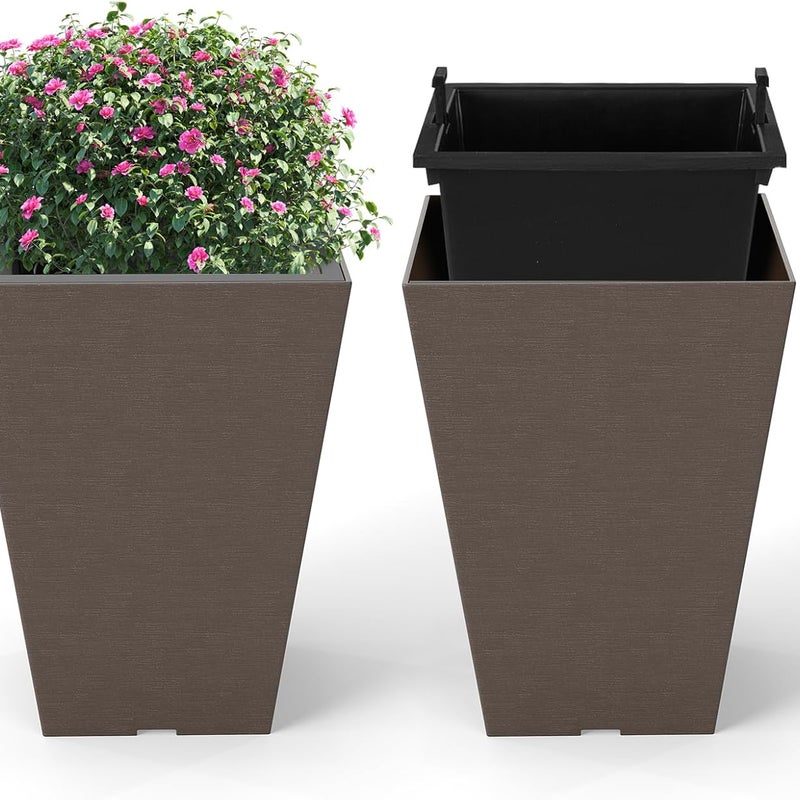 2 Sztuki Kwadratowych Doniczek Zewnętrznych, Wewnętrzne z Automatycznym Nawadnianiem, Otworami Drenażowymi i Wyjmowanym Wkładem (25 x 25 x 35 cm)