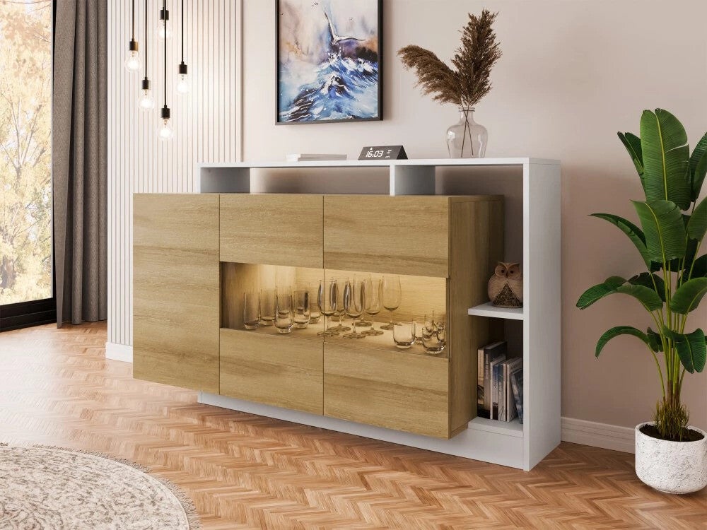 Aparador Fivfivi 102, Blanco, Roble nieto, 94x155cm, Número de puertas: 3.0044cm, Aglomerado laminado, Vidrio - 2