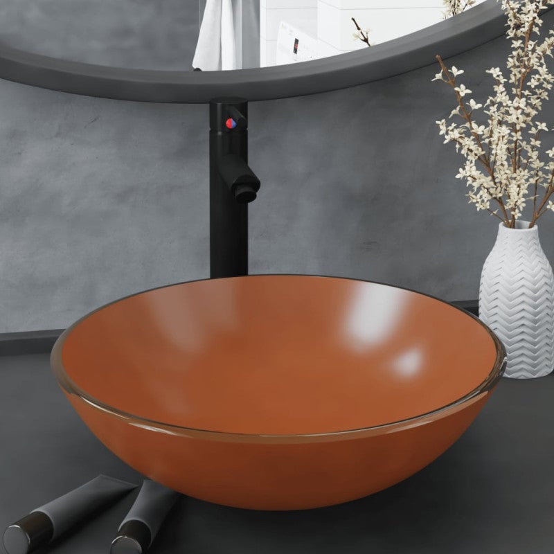 Umywalka łazienkowa z kranem i korkiem, brąz, szkło hartowane vidaXL