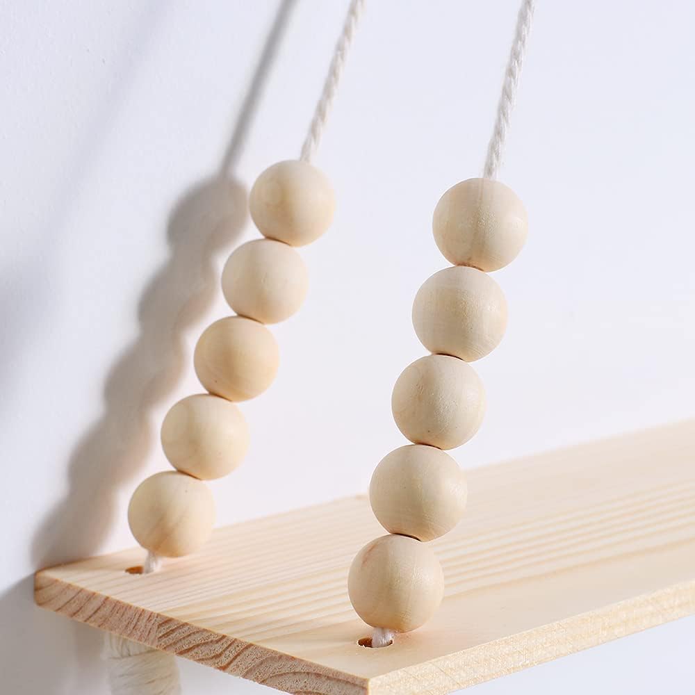 Lot de 2 étagères murales en bois - Étagère suspendue en macramé avec pompon, étagère flottante de rangement bohème, support pour plantes suspendu - 7