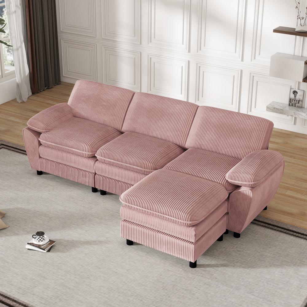 Modułowa sofa w kształcie litery L z wyjmowanym pufem, miękkim aksamitem, ramą z litego drewna i wyjmowanymi poduszkami.