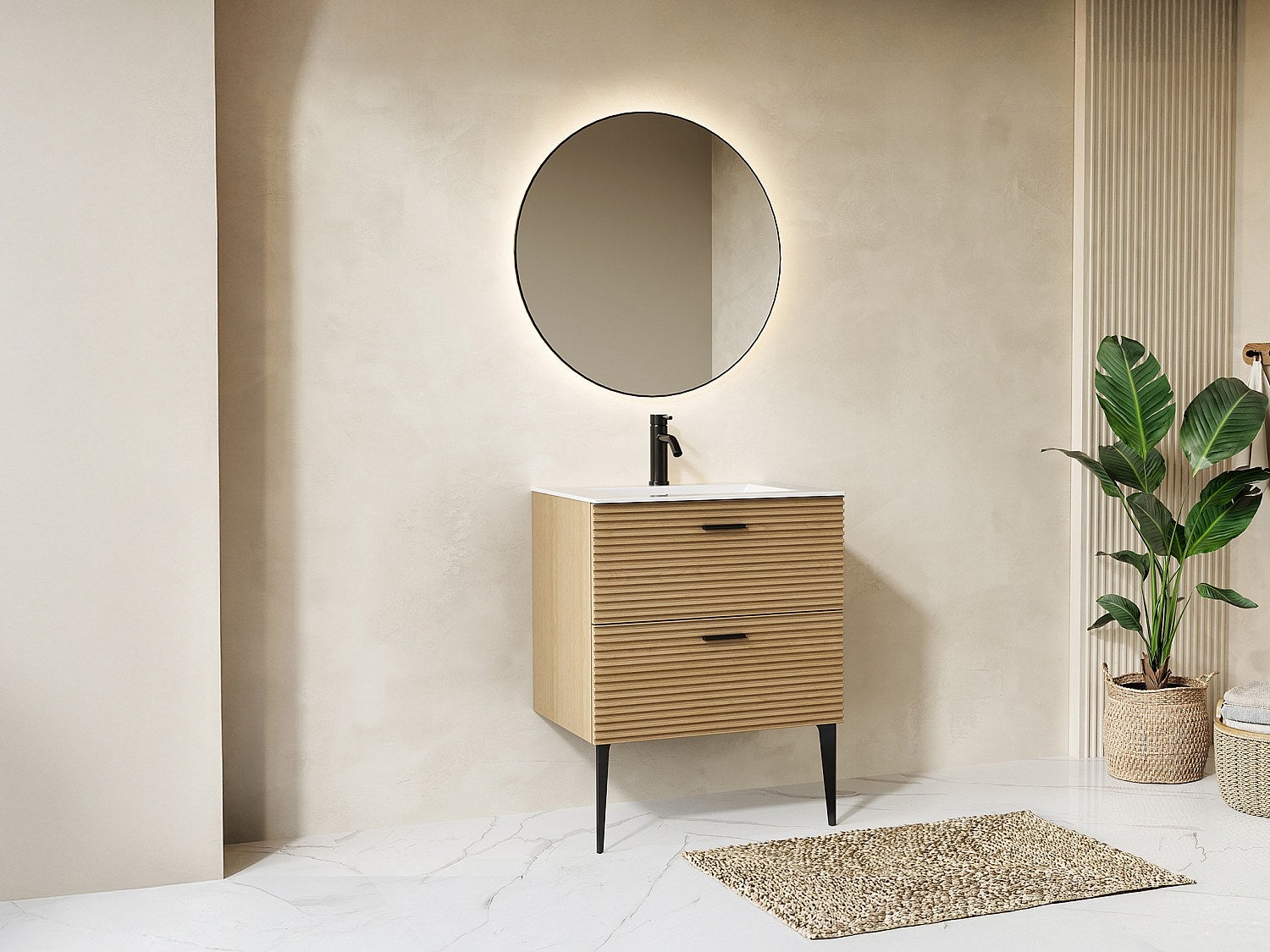 Szafka łazienkowa na nóżkach z umywalką do zabudowy , prążkowana - 2 szuflady - Jasny naturalny - 60 cm - SARONE