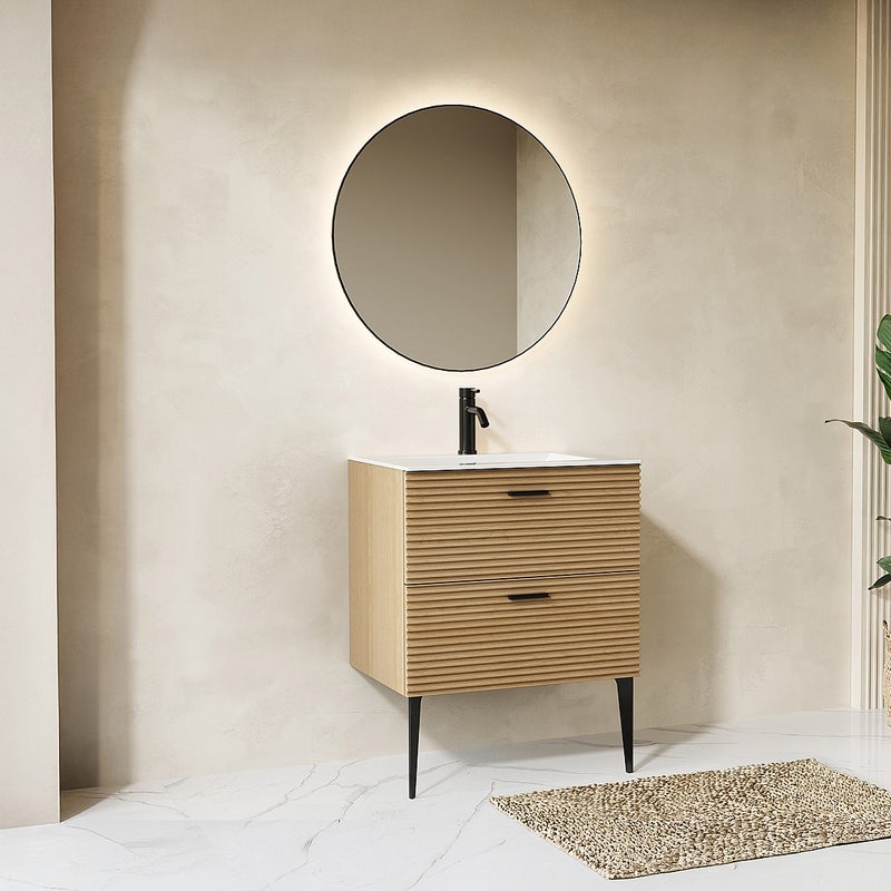 Szafka łazienkowa na nóżkach z umywalką do zabudowy , prążkowana - 2 szuflady - Jasny naturalny - 60 cm - SARONE