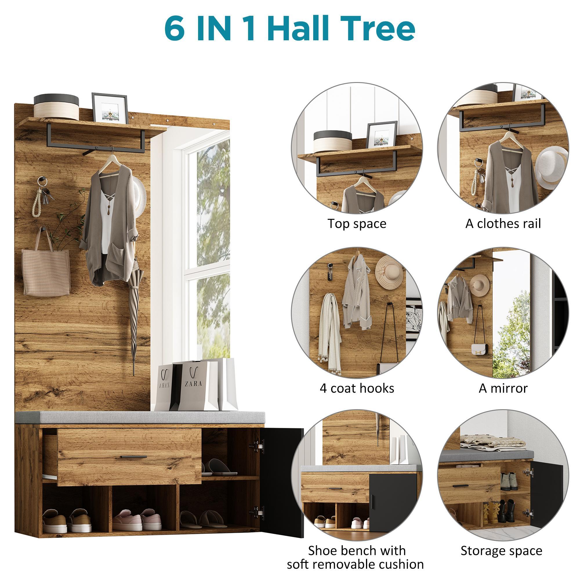 Vestiaire avec porte manteau + banc à chaussures + miroir - Naturel - 3