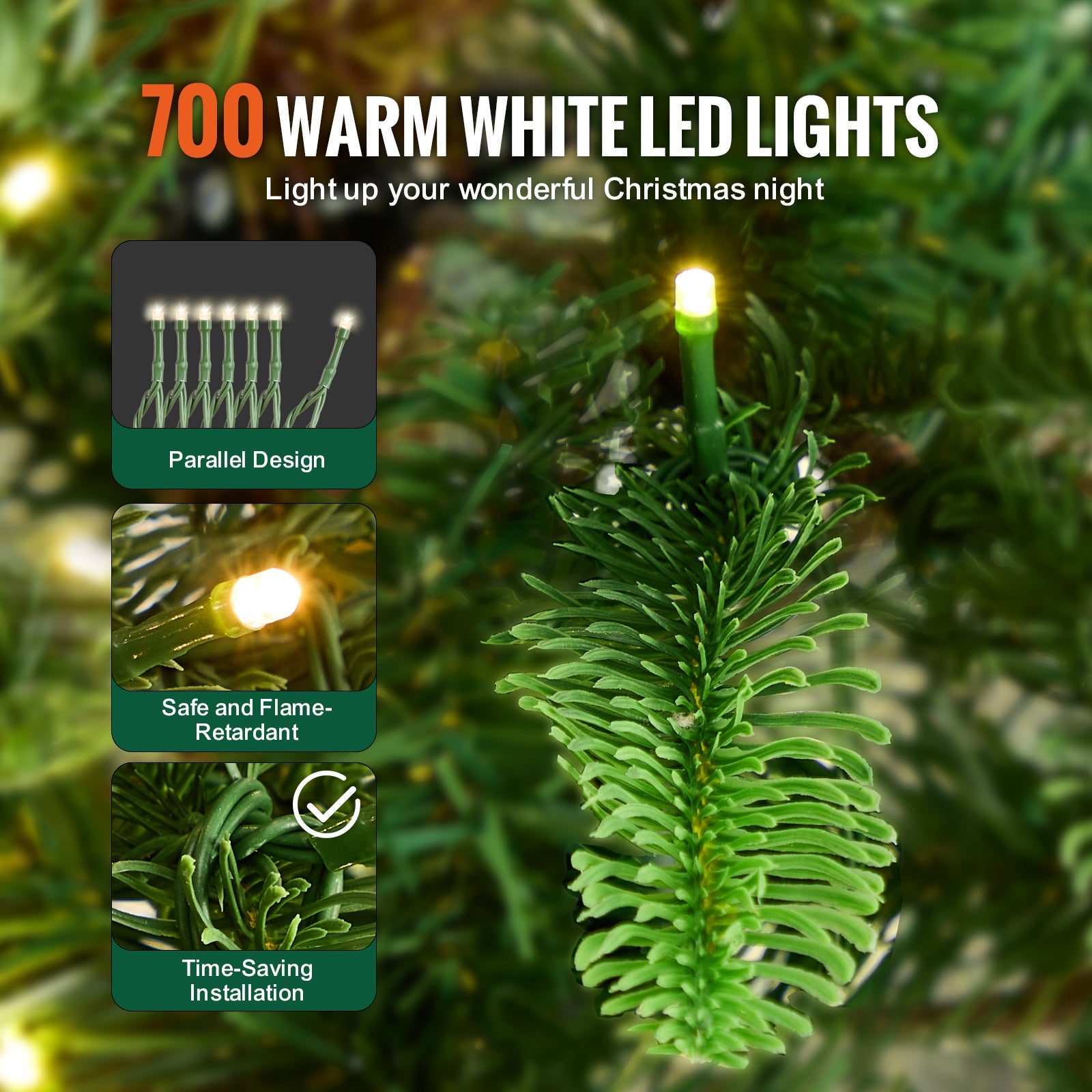 Árvore de Natal Artificial VEVOR 2,25 m,Pré-iluminada com 700 Luzes LED Branco Quente,1319 Pontas,Base Metálica,Decoração Natal Escritório Casa - 4