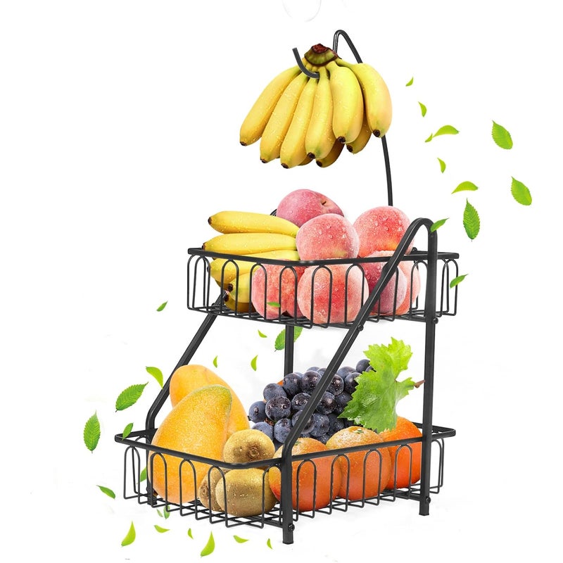 Dwupoziomowy koszyk na owoce ze stojakiem na banany (czarny)