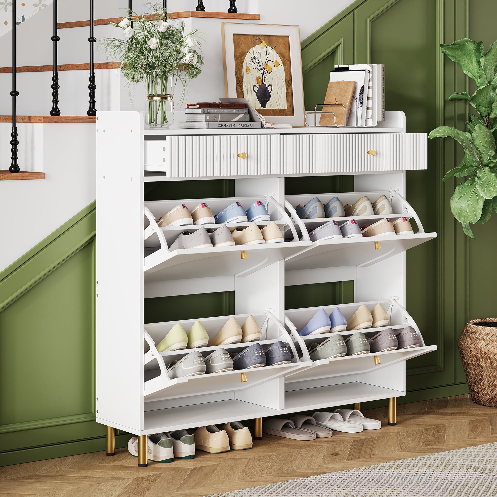 Szafka na buty z 4 drzwiami uchylnymi i 2 szufladami - 106,5 x 25 x 105,5 cm - Płyta MDF + płyta wiórowa - Uchwyty metalowe - Kolor biały