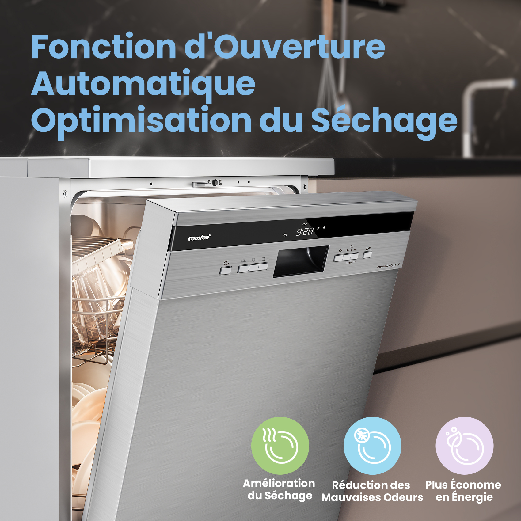 Comfee Lave-vaisselle pose libre CDWEF1435ESS L60cm 44db avec 14 couverts, 8 programmes, Affichage LED Acier Inox-Énergétique C - 2