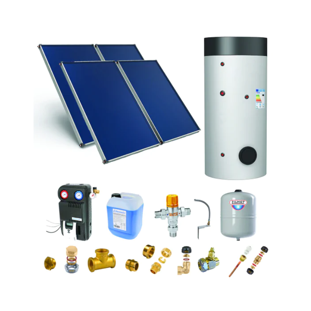 Chauffe-eau solaire 4 capteurs solaires fixation toiture inclinée + ballon ECS 500L double échangeur