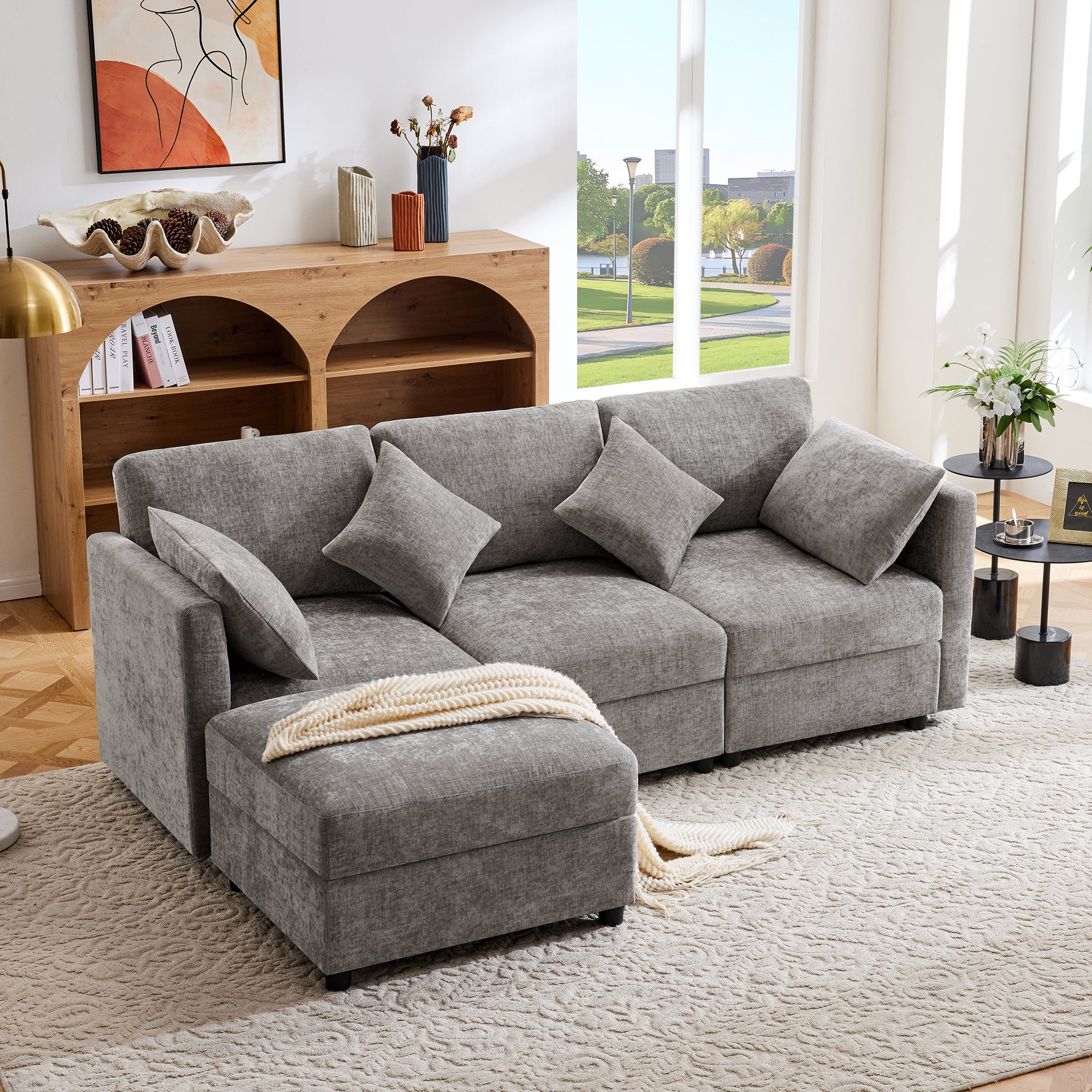 Canapé d'angle 3 places avec repose-pieds et accoudoirs réglables - 218 x 156.5 x 86 cm - Tissu en chenille - Gris - 5