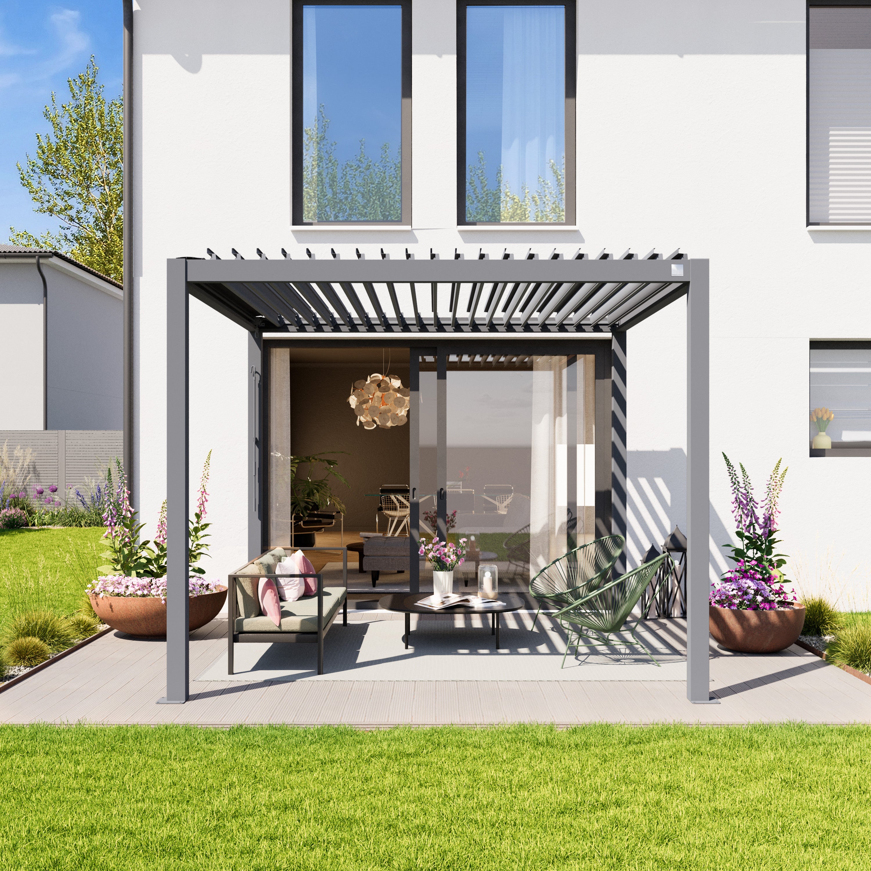 PRIMEYARD Pergola 3x3 m montanti in alluminio con tetto a doghe in acciaio gazebo da giardino grigio - 4