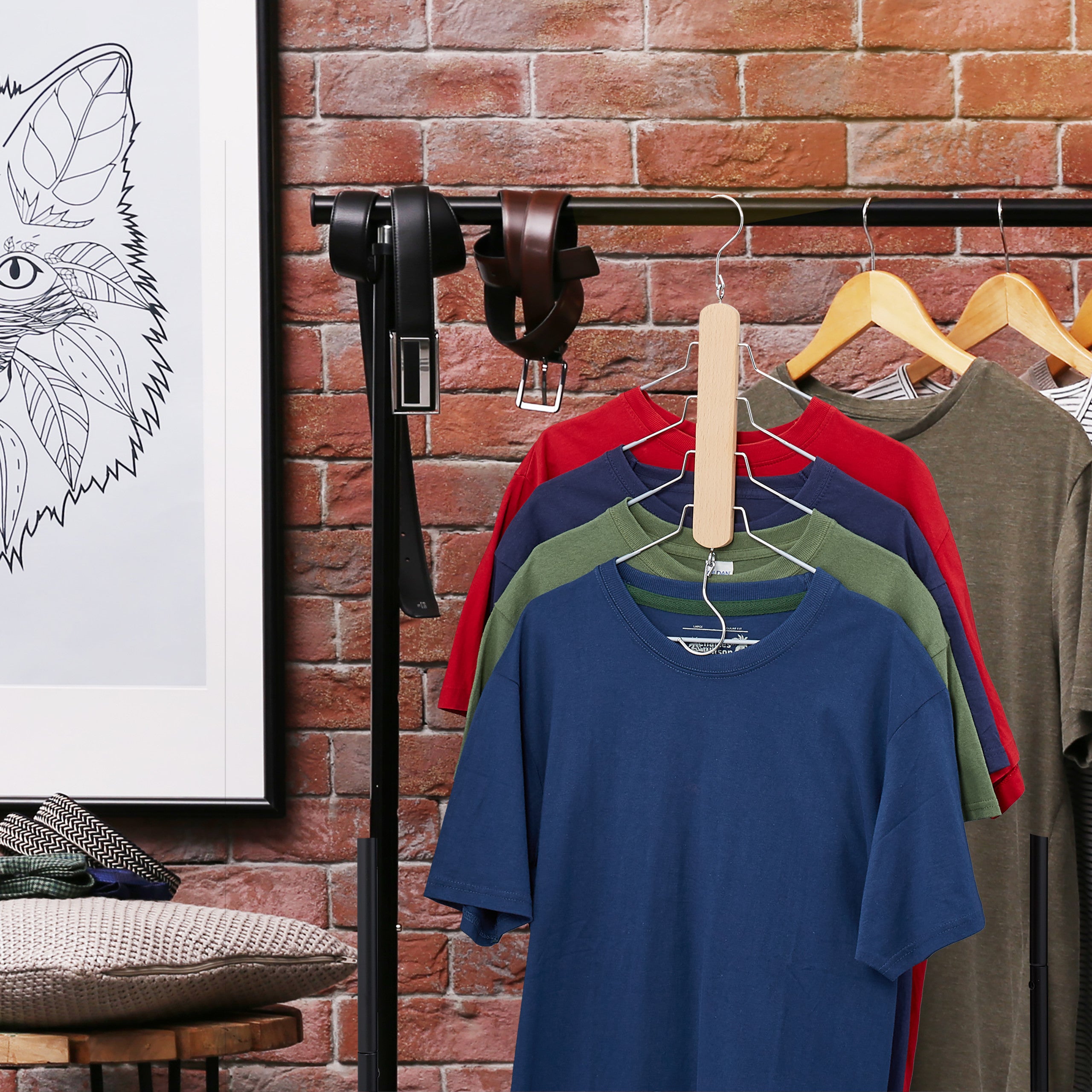 3x cintres multiples, peu encombrant, 4 pour chemises avec traverse pour pantalon, en bois et métal, antidérapant - 3