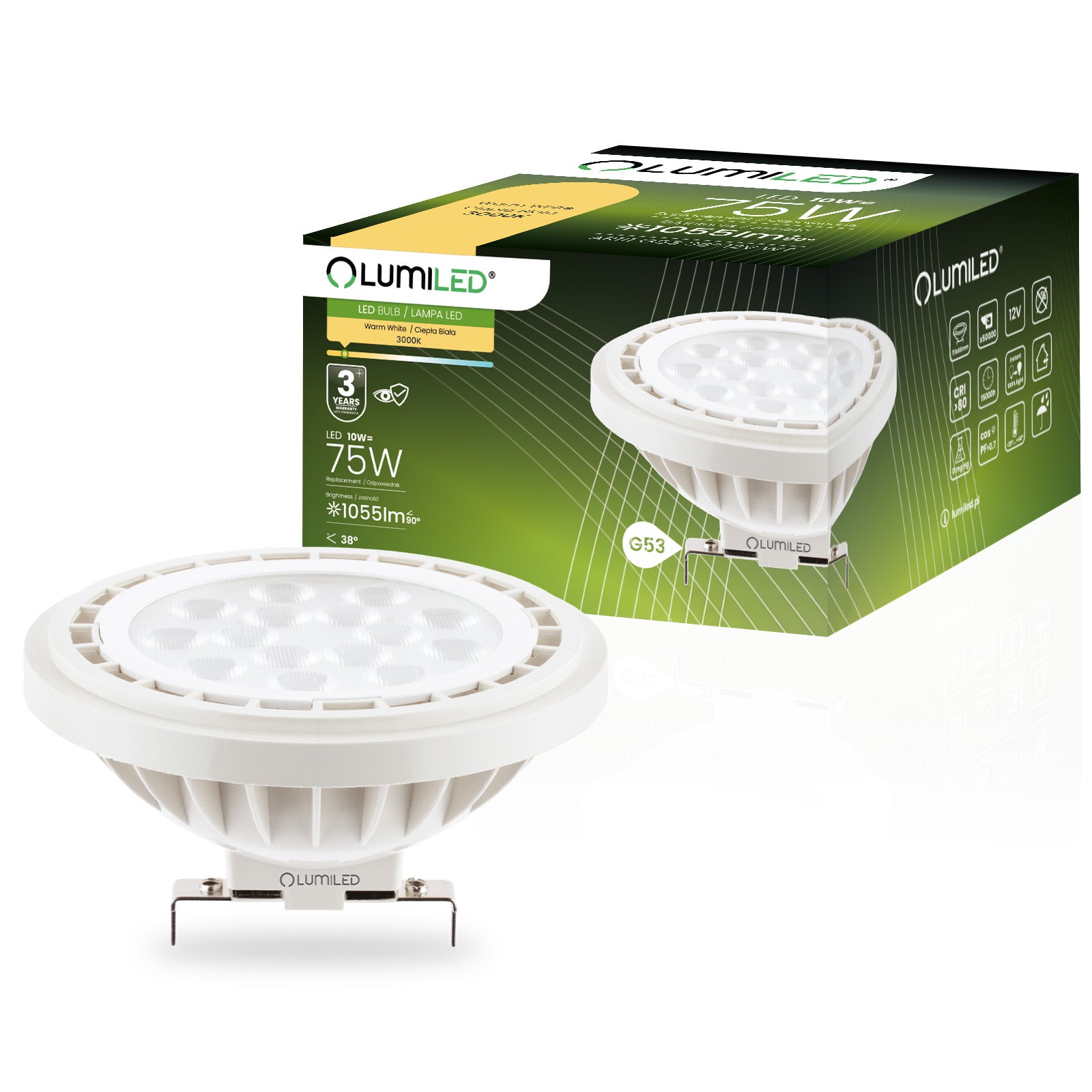 Żarówka LED Lumiled G53 Reflektor AR111 10W 1055lm 3000K Ciepła biel 38st 12V 1 szt.