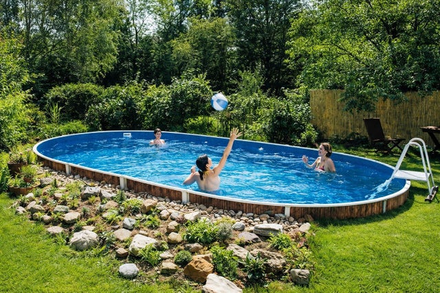 Piscina de acero Azuro 5,5x3,7x1,2m, efecto madera, liner, skimmer, Tapiz de suelo, con agujeros fuera del eje