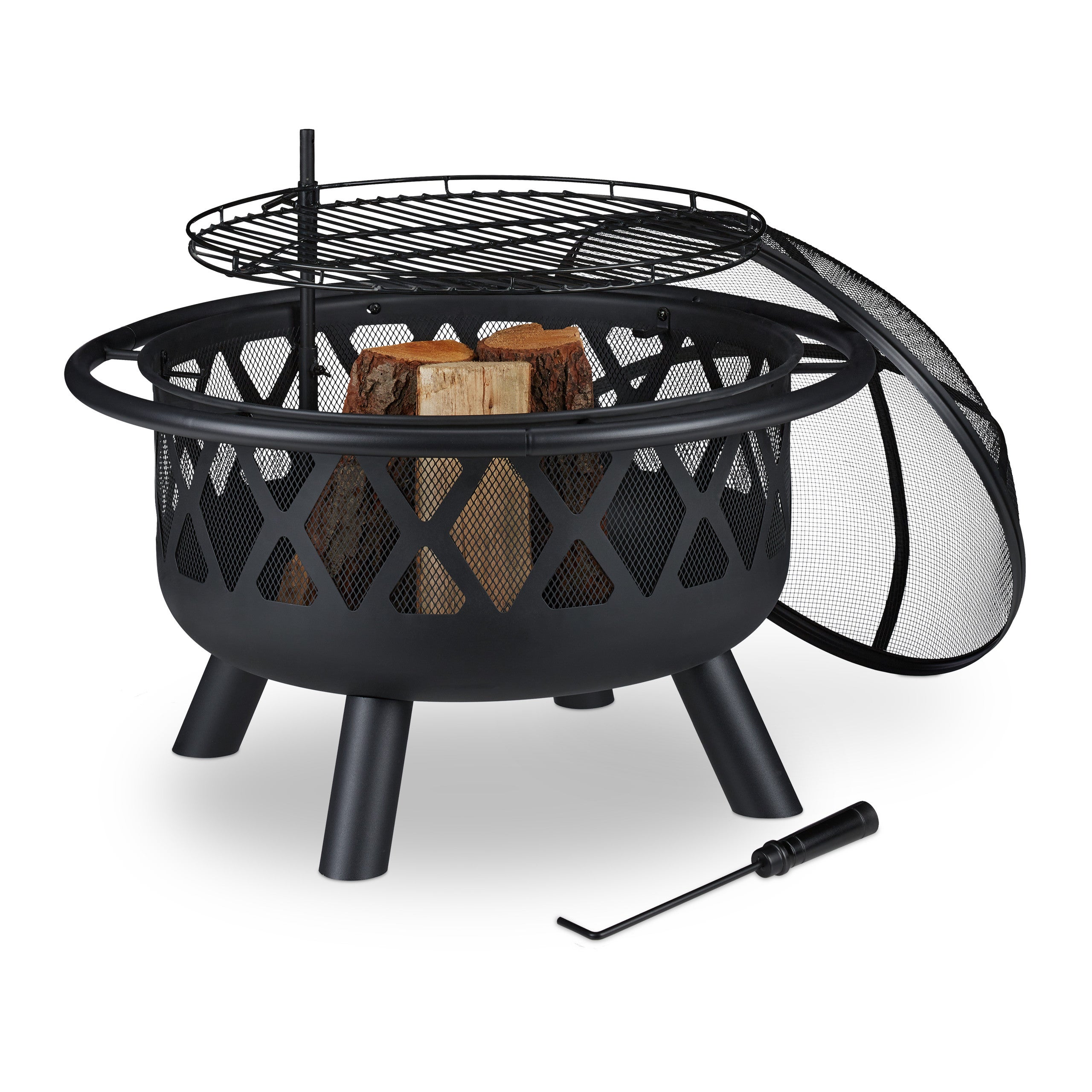 Set braciere a legna, include paralumi e attizzatoio per legna – ideale per esterni e patio, braciere rotondo in metallo da 66 cm Pure Garden