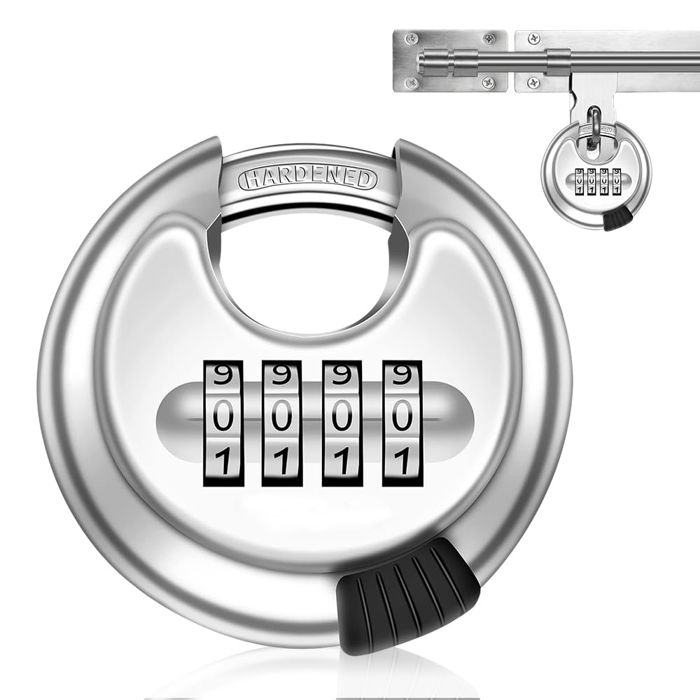 QWORK® Lucchetto Rotondo , Lucchetto a combinazionea 4 cifre con grillo , lock disco lucchetto , temprato lucchetto per magazzini , capannoni , acciaio inox , 70 mm , 2pcs