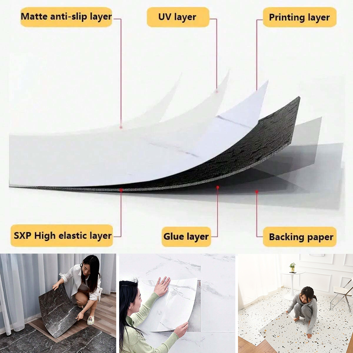 Autocollants de sol auto-adhésifs, 10 pièces, autocollants muraux en marbre de Simulation épaissi, résistants à l'usure et imperméables, noirs - 6