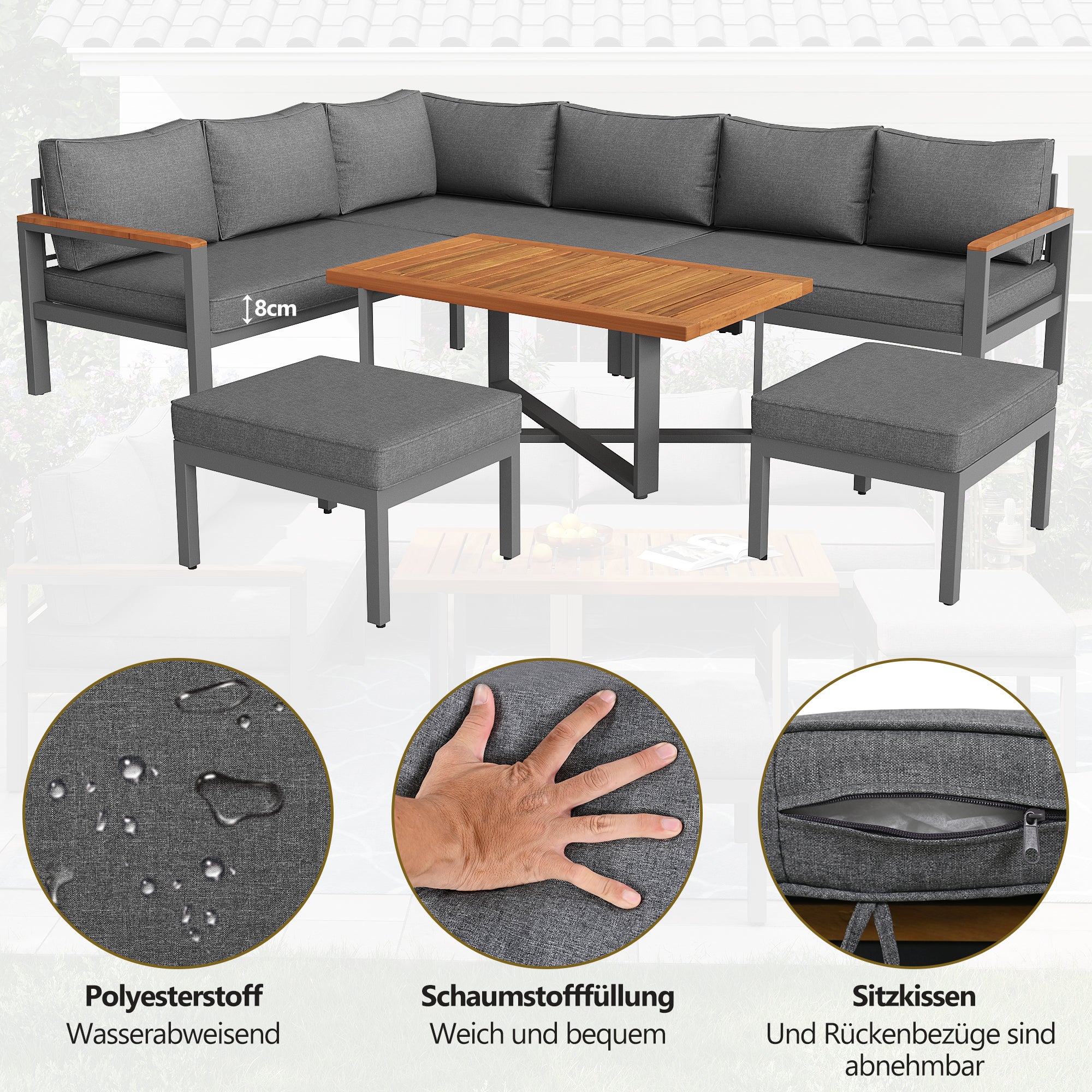 Ensemble de jardin en fer pour 7-8 personnes, ensemble de sièges et table résistant aux intempéries, mobilier pour balcon et terrasse, gris - 7