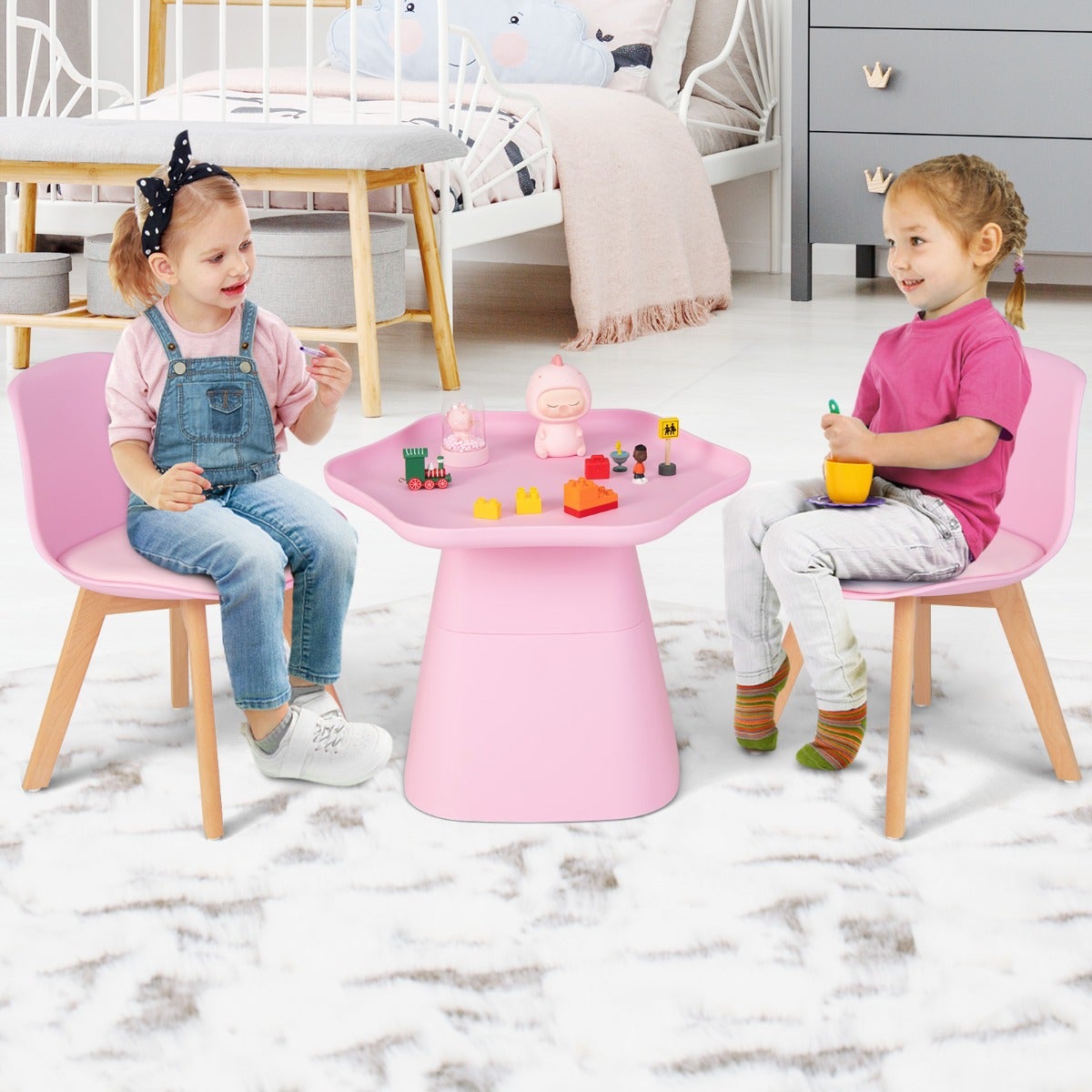 Conjunto mesa y sillas infantil 3 piezas rosa 3-8 años madera haya asientos acolchados
