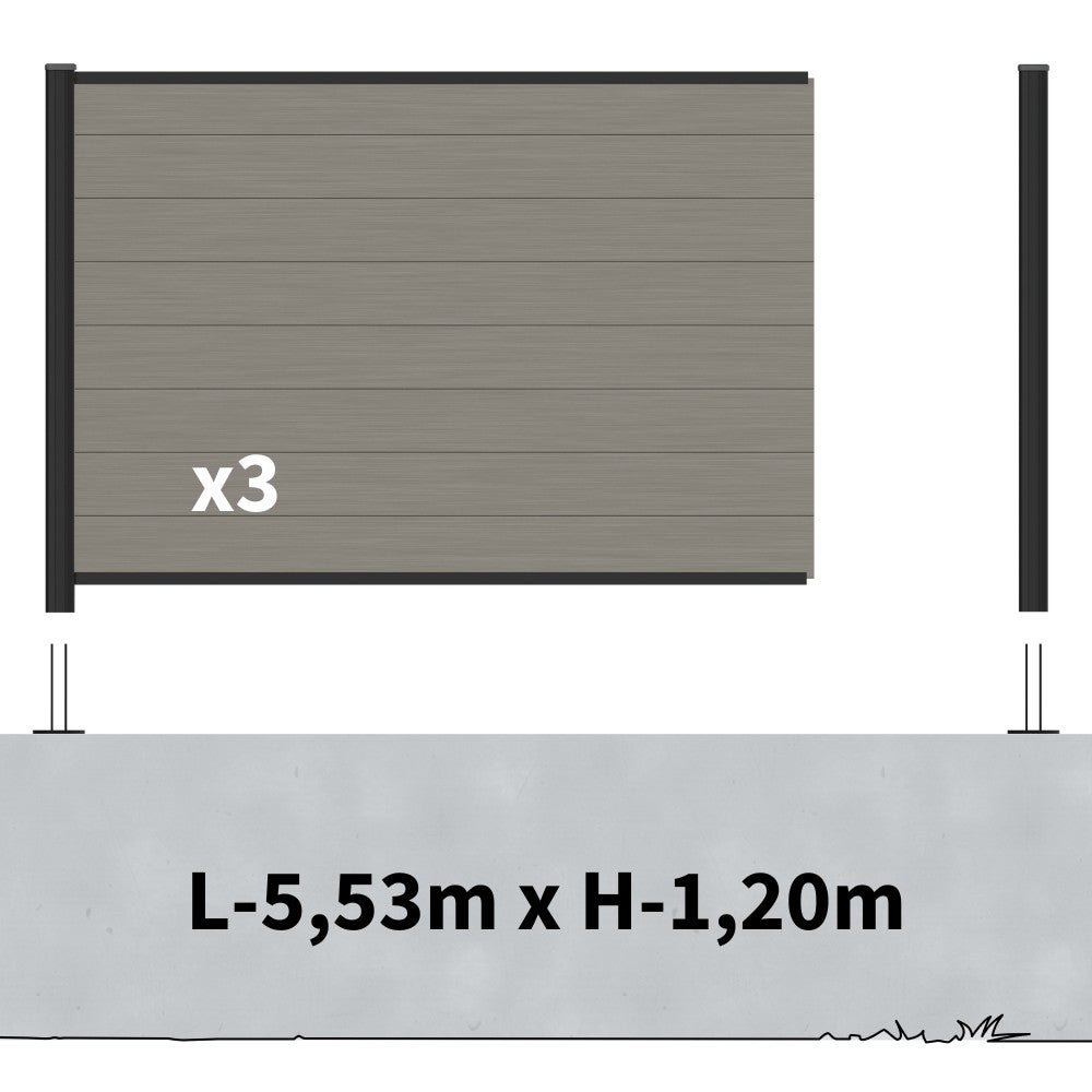 Kit Clôture Composite sur Muret RIO Platine 5,5x1,2m - Bois composite & Aluminium - Poteaux sur Platines Noir - Brise vue - 2