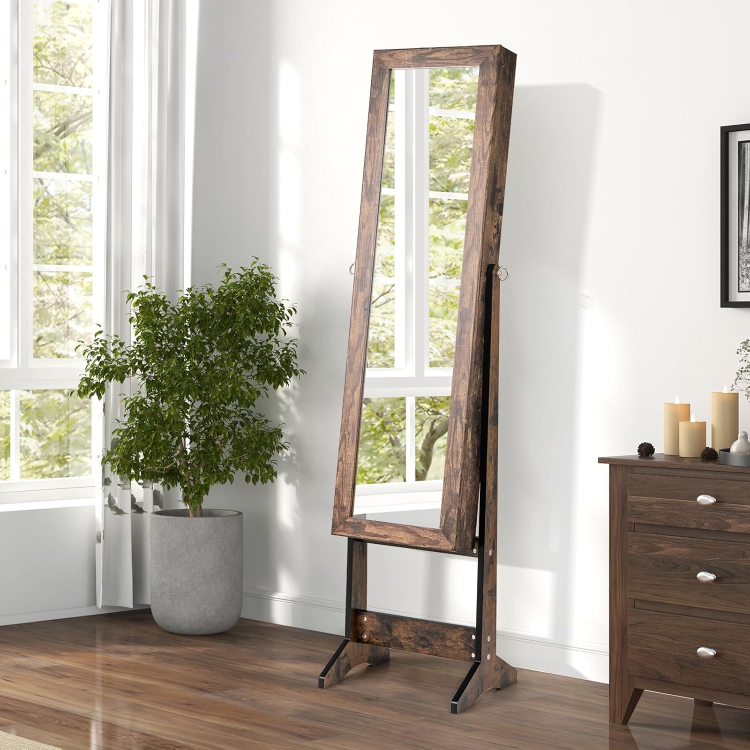 Armoire à Bijoux sur Pied avec Miroir Inclinable en 3 Positions, Convient pour Salon, Chambre et Porche (Marron Rustique) - 2