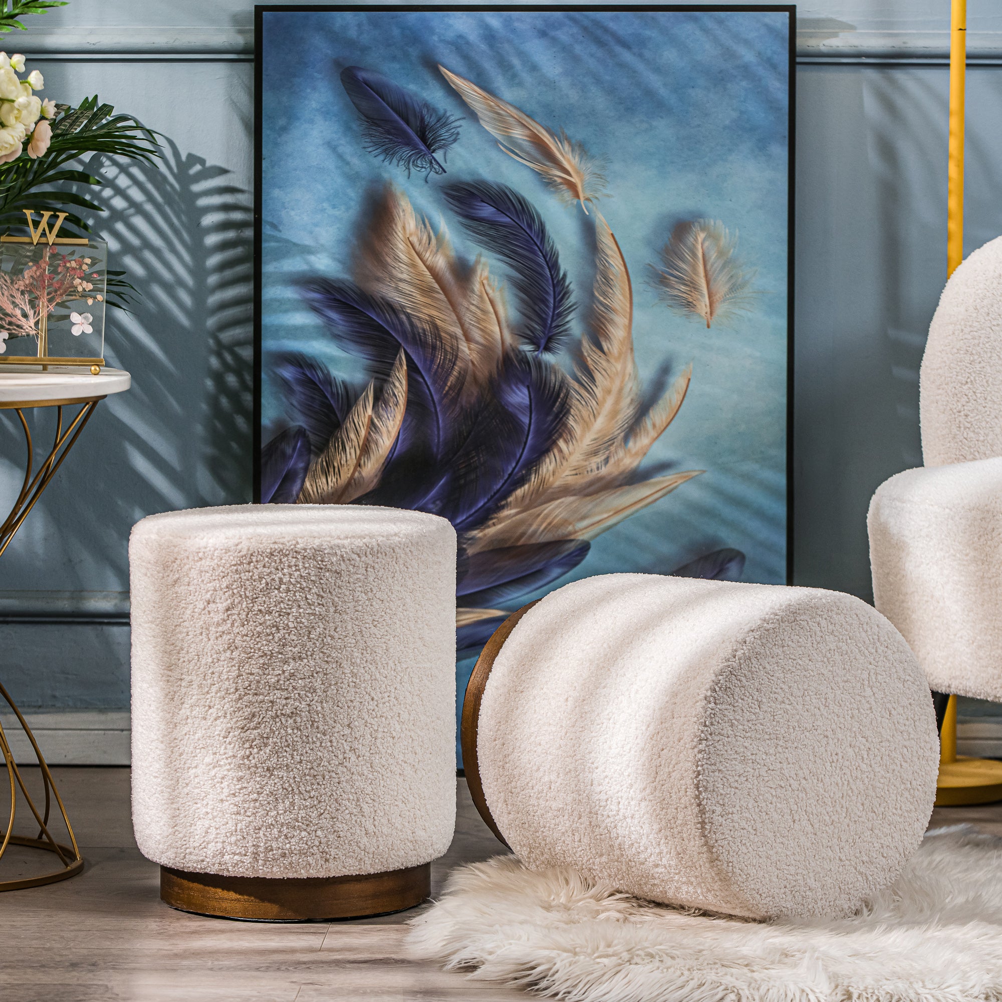 Nordlys - Pouf de Salon Base en Bois Marron Bouclettes Blanc - 3