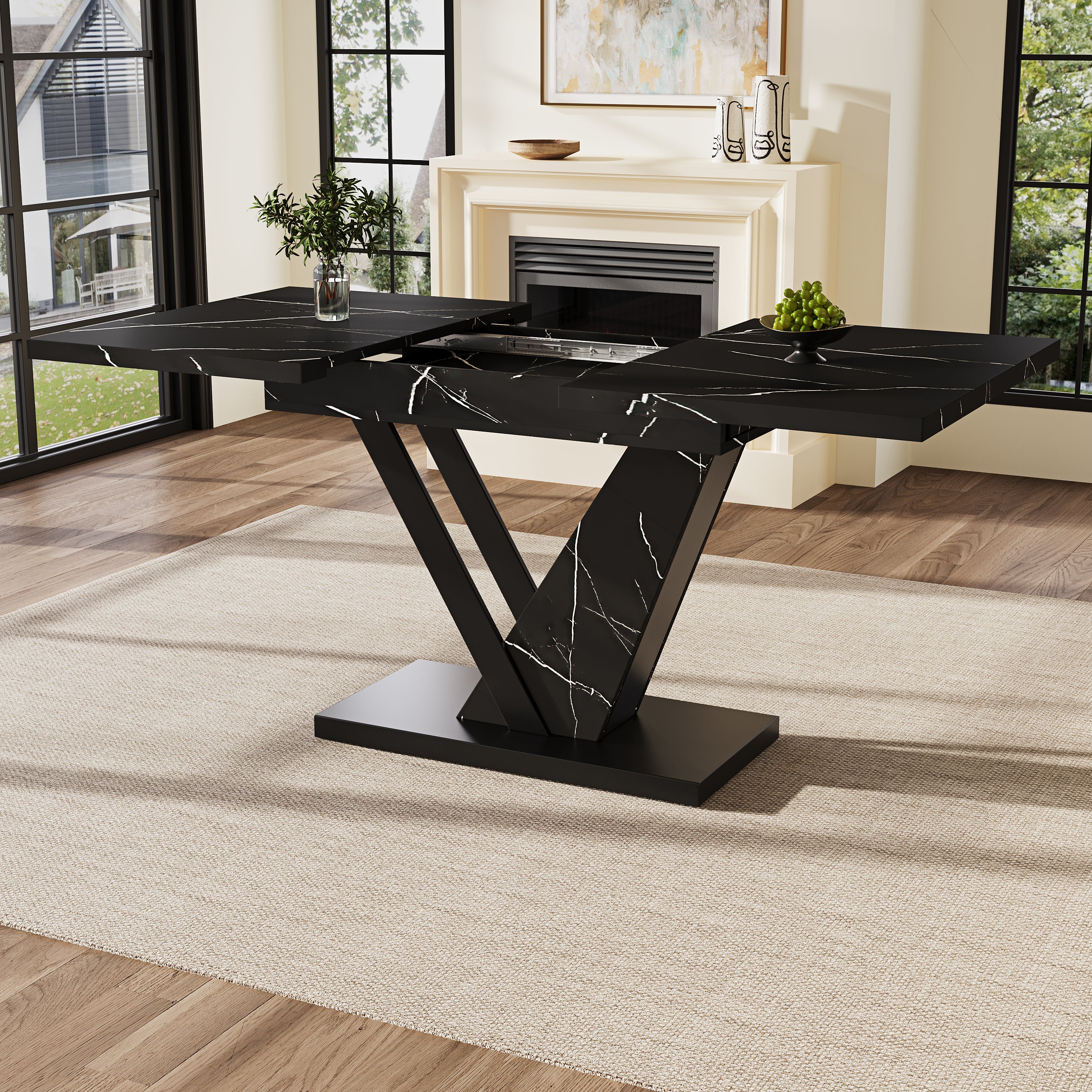 Stolik jadalny teleskopowy 120-160x75cm, marmur czarny, MDF, metal, do kuchni i salonu