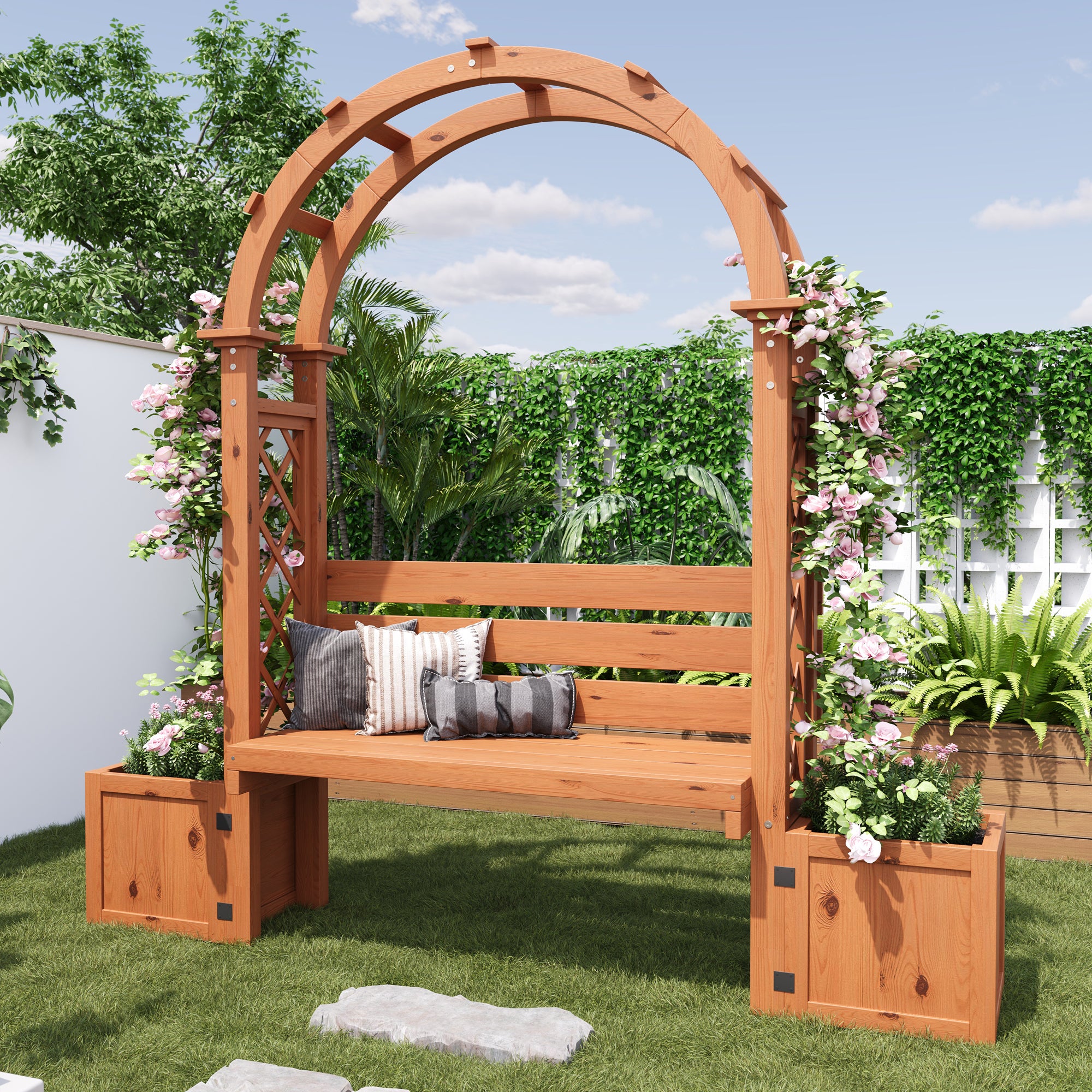Jardinière sur Pièds avec Treillis en Bois massif + 1 Banc 2 Places - 160 x 30.5 x 160 cm - Naturel - 2