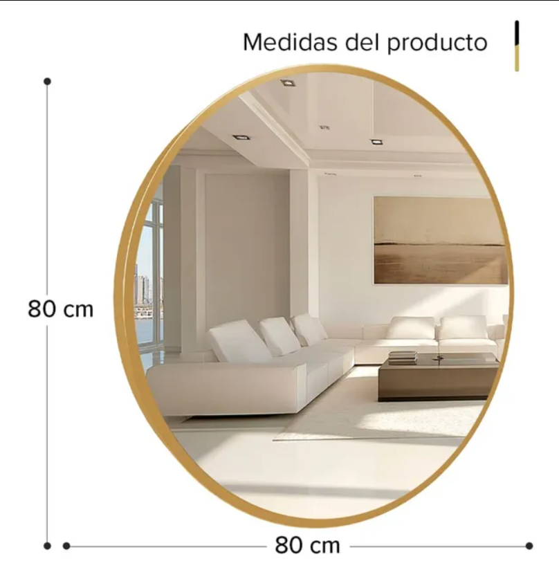 Espejo redondo de pared con marco de metal 80cm, DORADO - Estilo moderno para baño, salón o entrada - 6