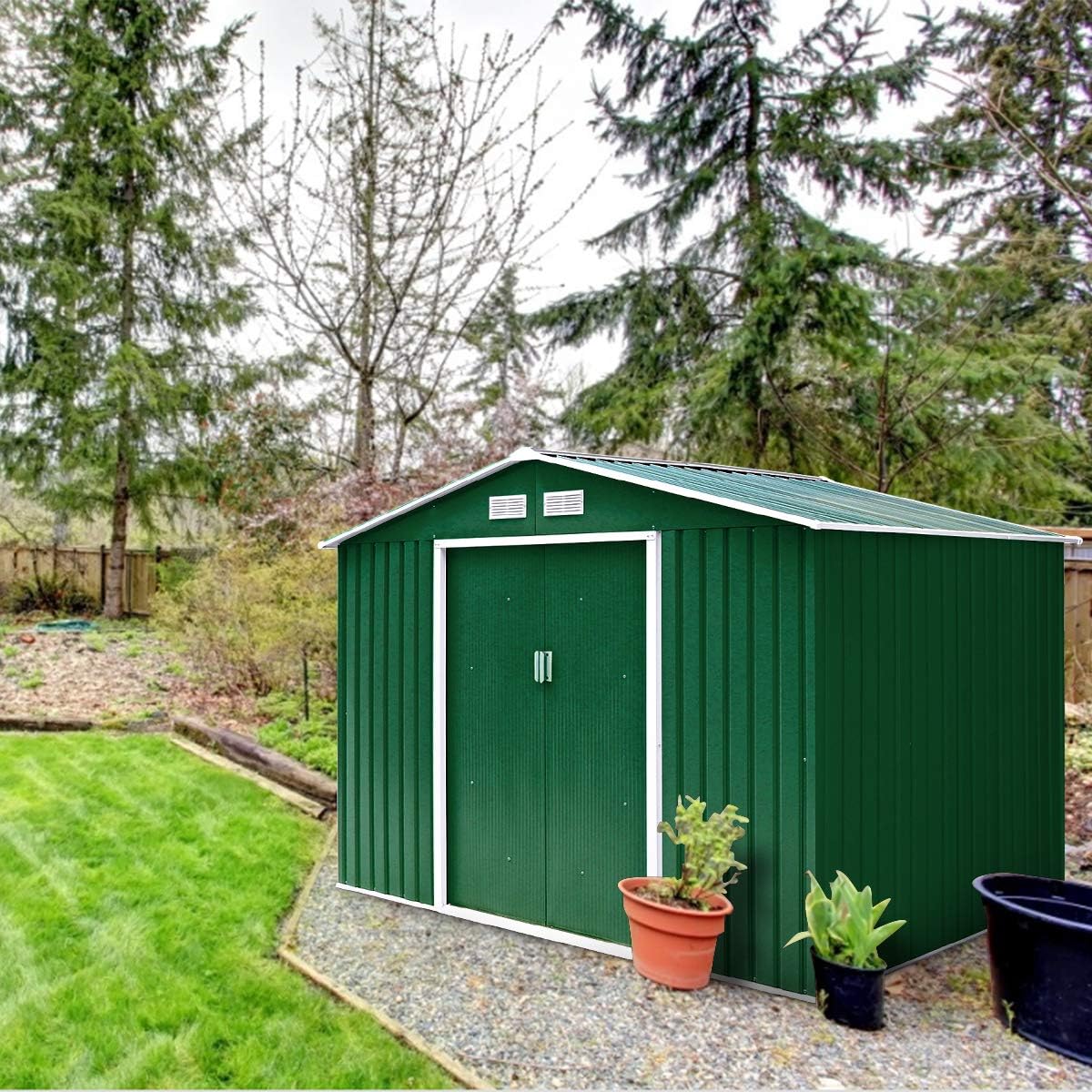 2,37㎡ Abri de Jardin Métal Galvanisé avec Base, 213 x 127 x 185 cm, Cabane de Rangement à Outils avec Portes Coulissantes&Fenêtres, 4,39m³ Vert - 8