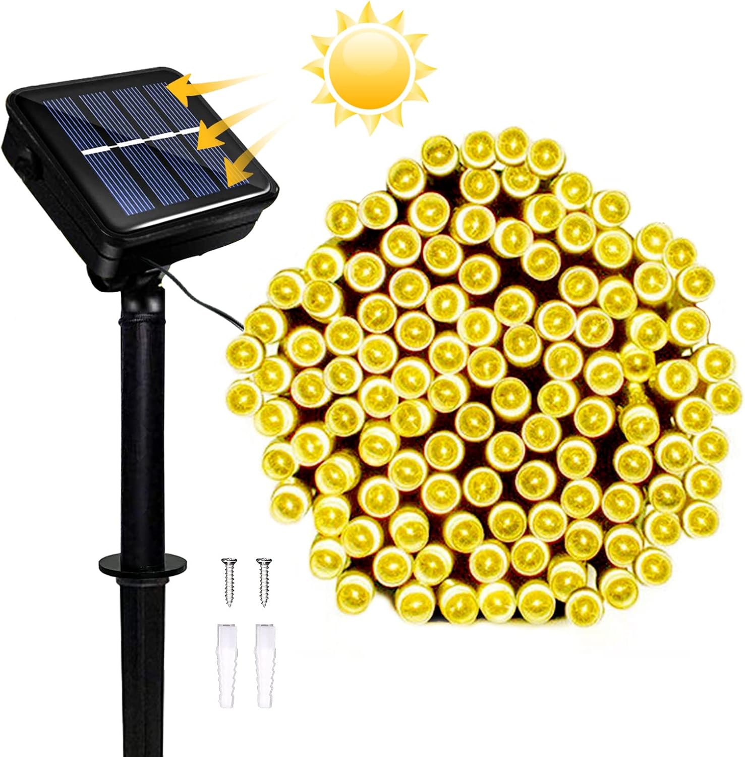 Lampki ogrodowe solarne, wodoodporne, 22 metry, 8 trybów, 200 diod LED, odpowiednie na wesela, Boże Narodzenie, dekoracje świąteczne, żółte