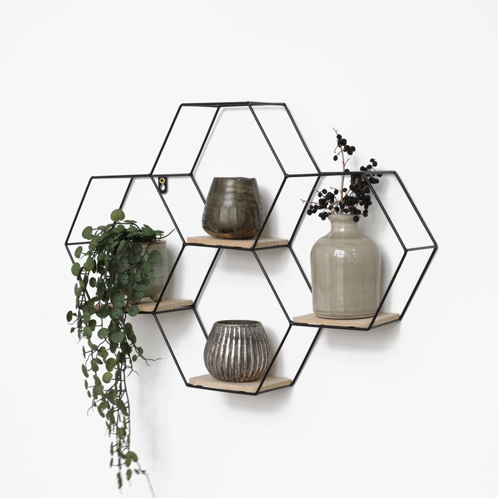 Quadruple étagère murale hexagonale en métal avec 4 tablettes en bois ...