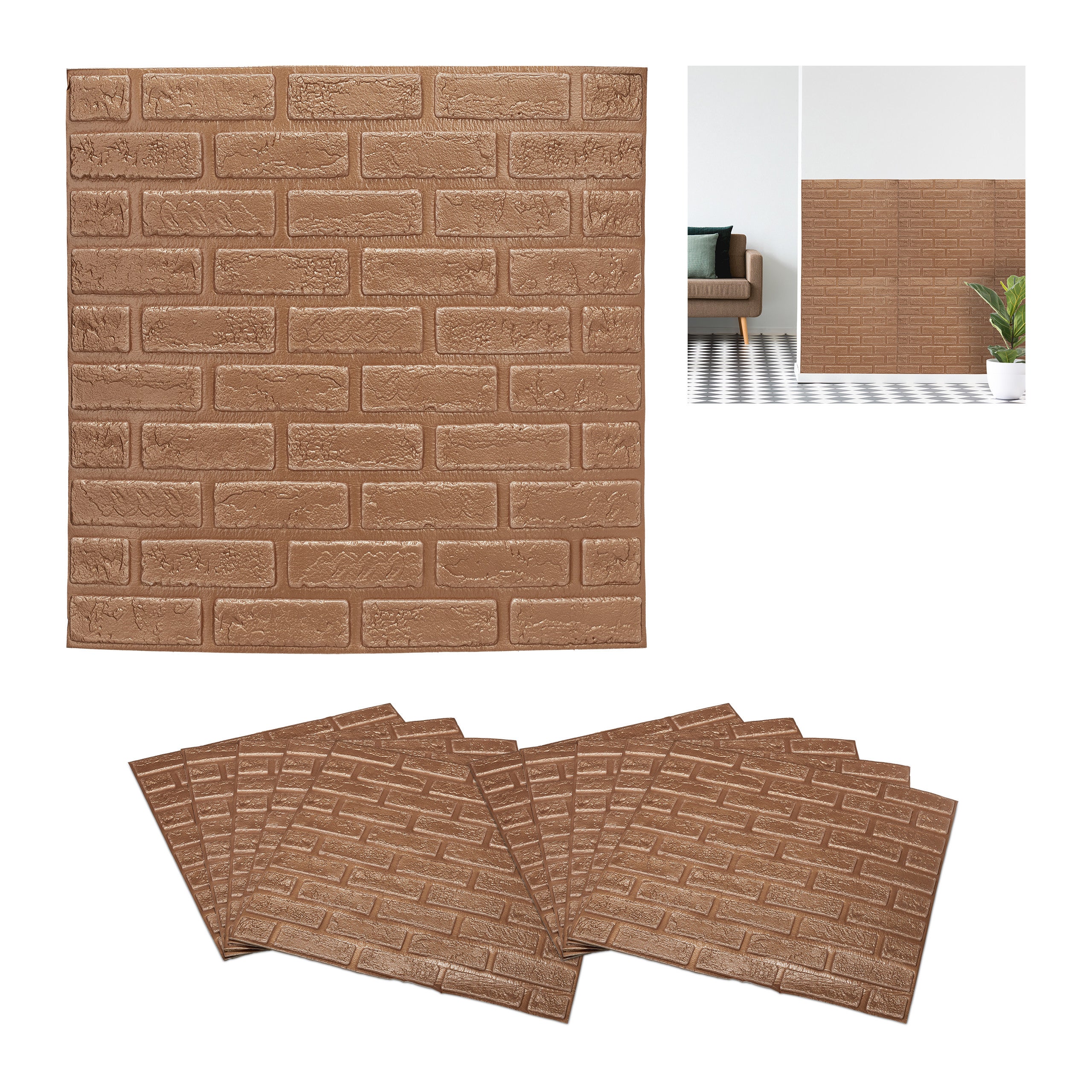 Relaxdays paneles pared set 10 diseño ladrillo, autoadhesivos, para cortar a medida, gomaespuma, 70x70, color bronce