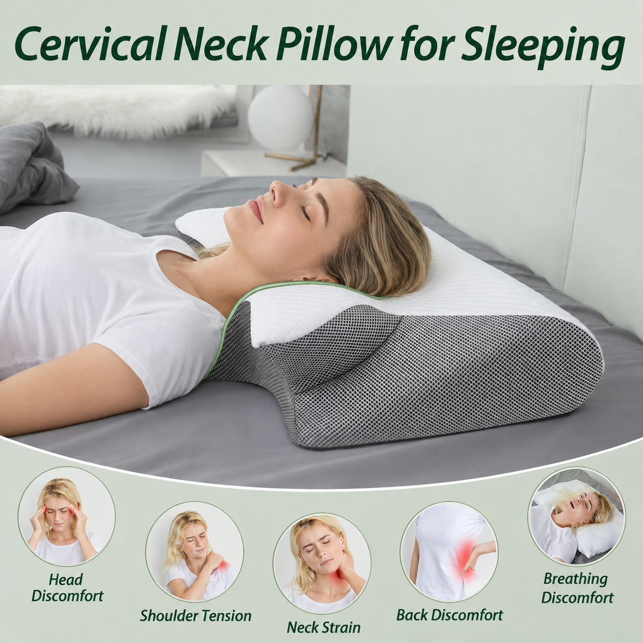 Almohada cervical ergonómica viscoelástica, cojín ortopédico 2 en 1 para dormir, funda lavable - 3