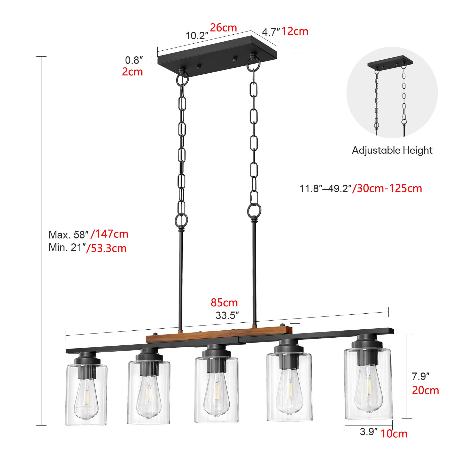 Lustre de cuisine 5 lumières avec tiges réglables, décoration rustique, suspension en métal avec abat-jour en verre, luminaires pour îlot de cuisine - 2