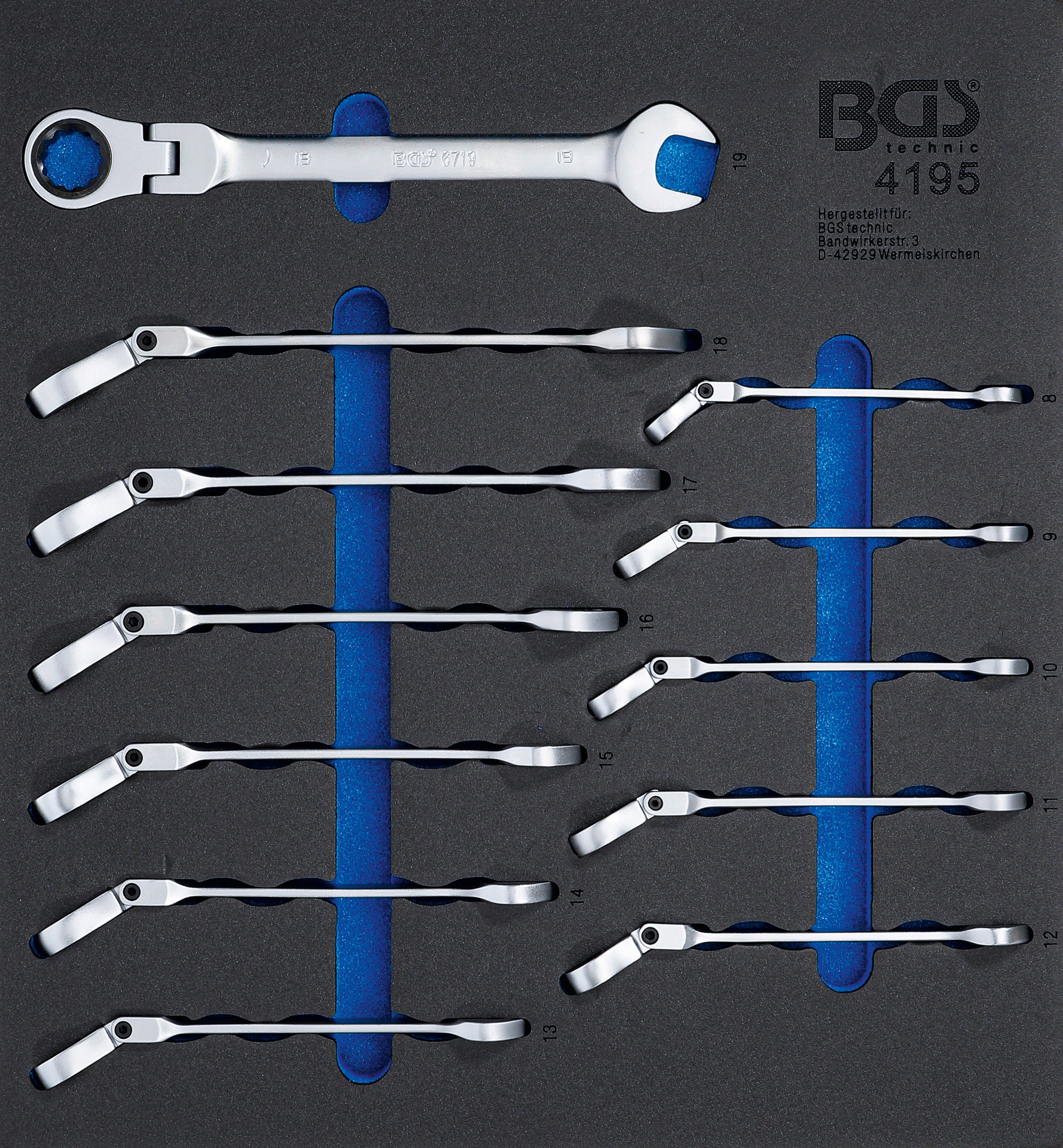 Zestaw Kluczy Grzechotkowych BGS TECHNIC 12 szt. Stal Chromowo-Wanadowa, Obracalne 90°