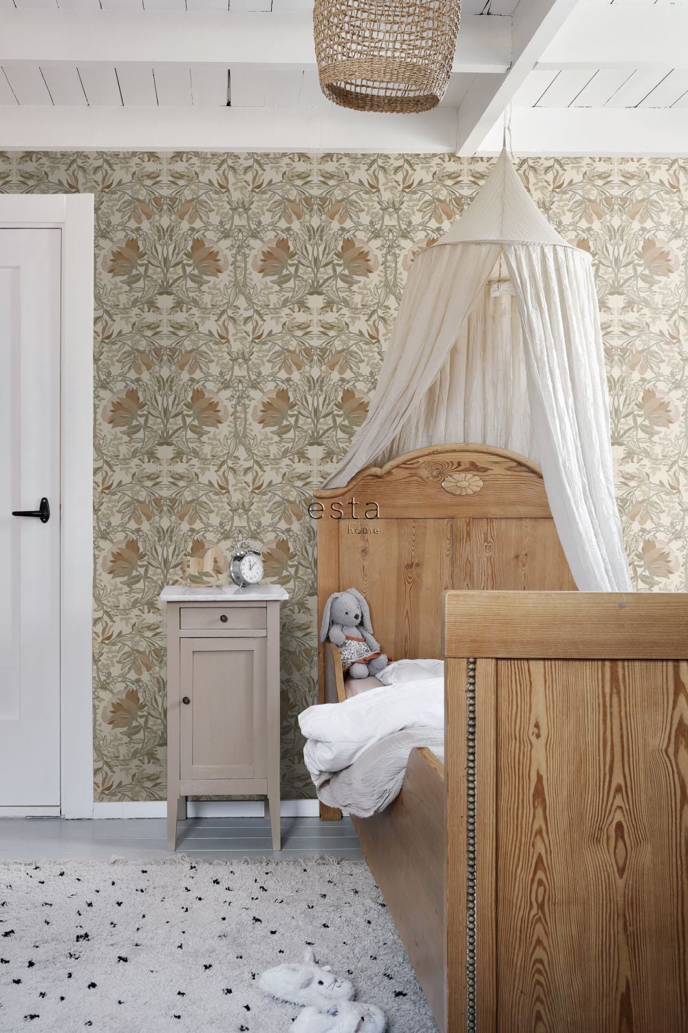 Papier peint fleurs vintage de style art nouveau beige clair et vieux rose - 53 cm x 10.05 m - ESTAhome - 2