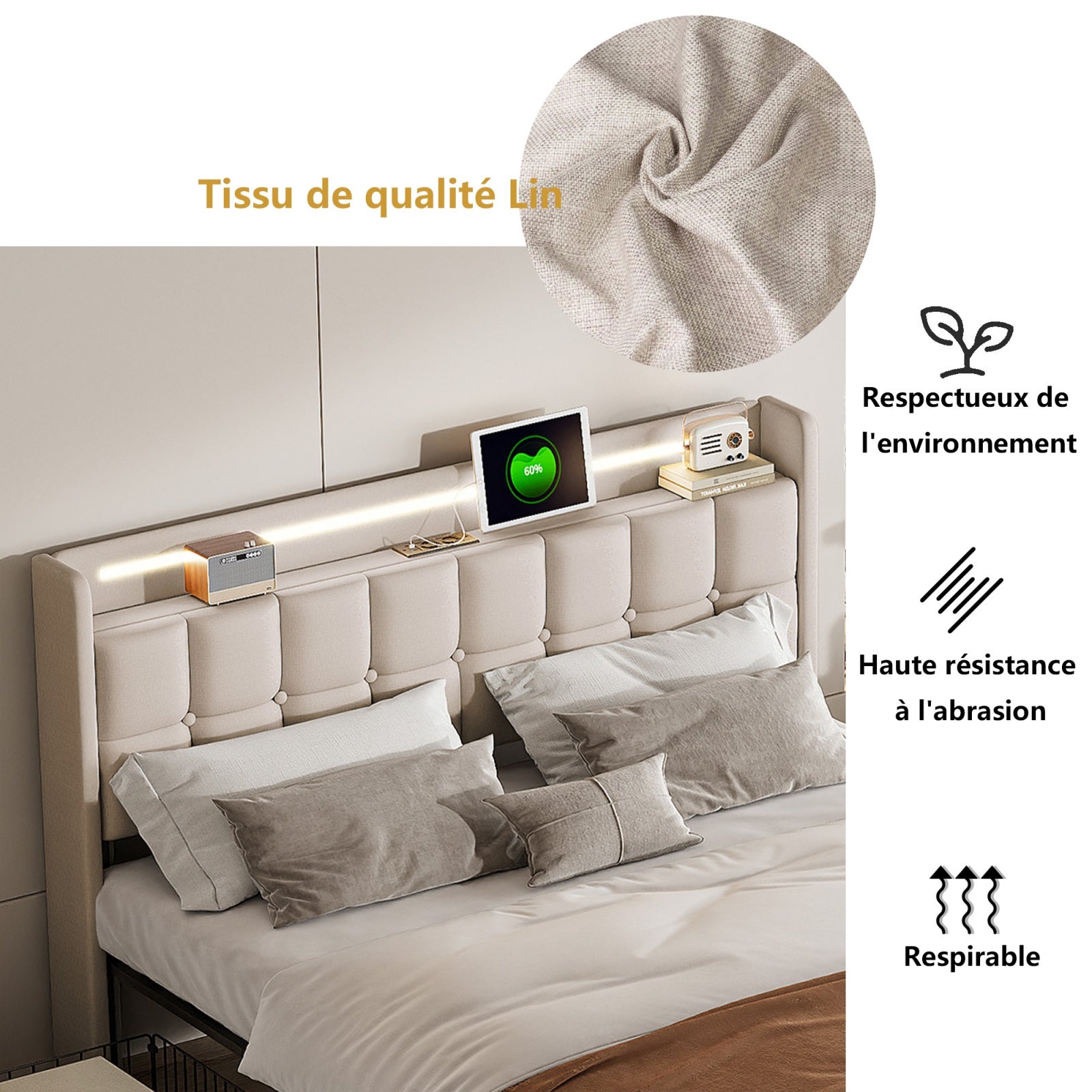Lit 160 x 200 cm double avec rangement,Lit rembourré,Avec 4 tiroirs,Ports de recharge USB,Éclairage LED réglable,Tissu lin beige,Sommier à lattes - 5