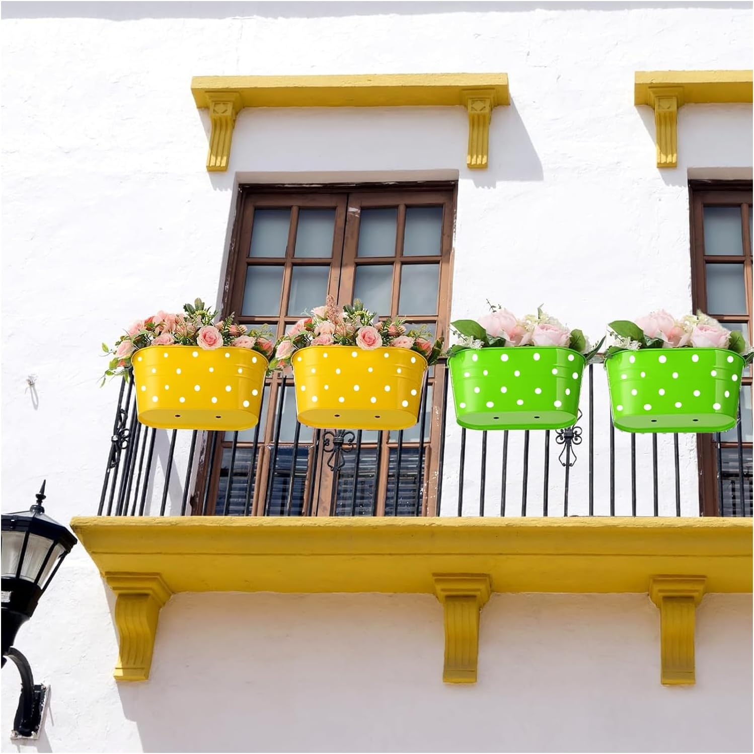 Lot de 4 pots de fleurs suspendus en métal avec trou de drainage - Avec double crochet amovible -Pour décoration de jardin et balcon -vert - 5