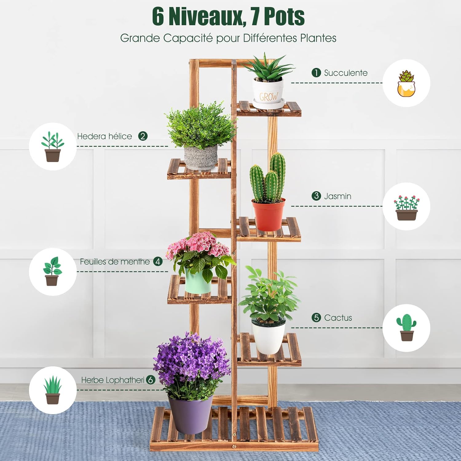 Porte-plantes à 6 Niveaux, Étagère à Fleurs en Bois de Pin, Support à Plantes pour Jardin, Balcon, Extérieur et Intérieur (6 Niveaux) - 3