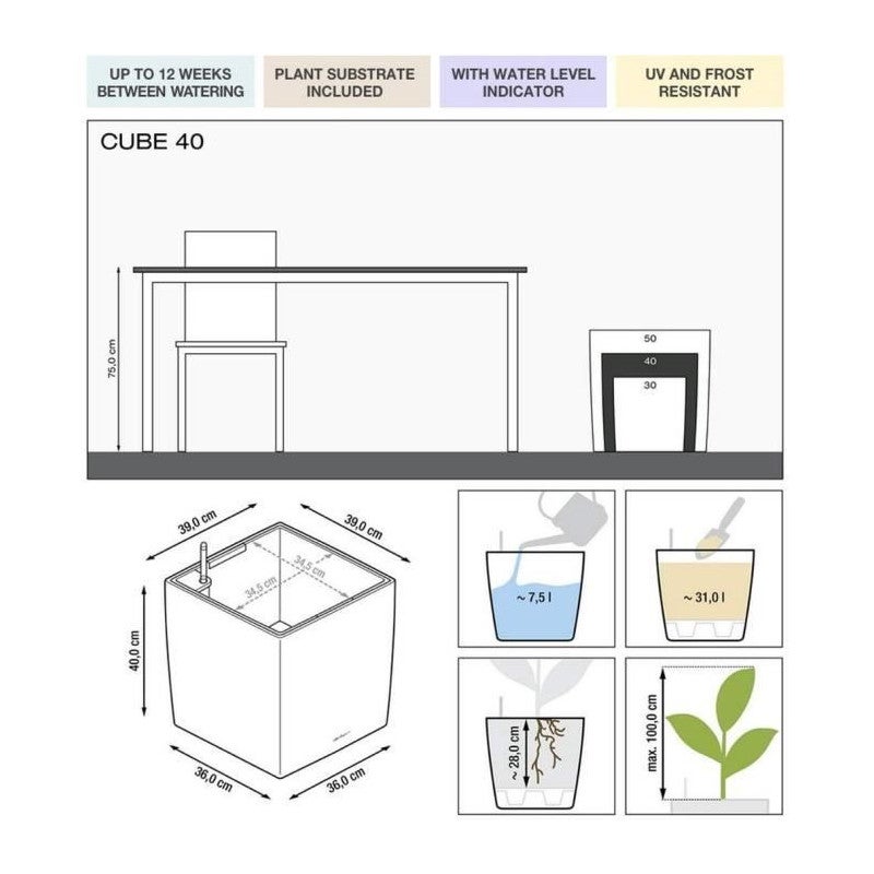 Pot de fleur LECHUZA Cube Premium 40 - kit complet, blanc brillant - 2