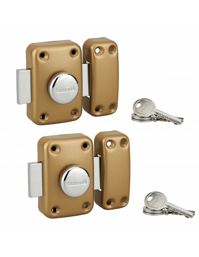 THIRARD - Lot de 2 verrous à bouton Apache pour porte d'entrée, cylindre 45mm, acier, 3 clés/verrou, époxy or - THIRARD