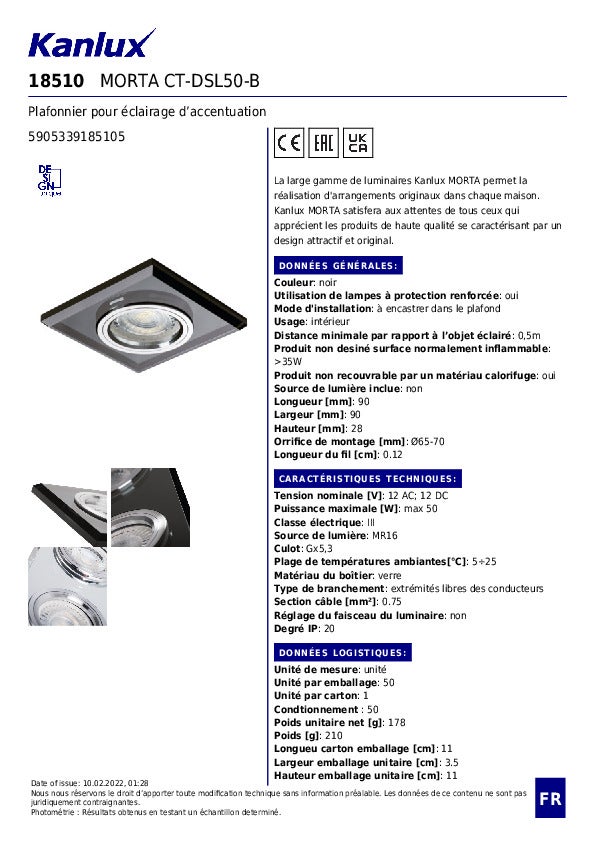 Plafonnier décoratif encastré - Verre noir - Carré 90x90mm - MR16 - Kanlux MORTA - 7